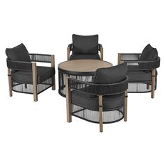 a set of four chairs and a table with cushions on it, all in black