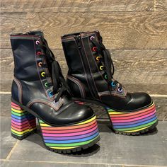 These Club Exx Rainbow Striped Lace Up Platforms Are The Die For! They Are In Fantastic Condition And Have Only Been Worn A Couple Times! They Are Sold Out On Dolls Kill And Are Super Comfortable. Unisex Size 11 Ftm Tips, Painted Boots, Silly Clothes, Kidcore Aesthetic, Pride Outfit, Couple Time, Rainbow Stripes, Platform Boots, Dolls Kill