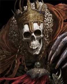 a skull wearing a crown and holding a bird in its hand with other skulls around it