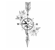 a black and white drawing of a compass with flowers on the front, and arrows in the back