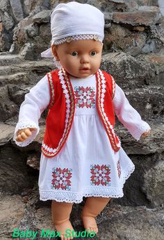 Girl dress with Bulgarian embroidery Folk Style Embroidered Dress For Traditional Ceremonies, Traditional Handmade Cotton Dresses, White Cotton Sets With Machine Embroidery, Cotton Dress With Embroidered Border For Traditional Ceremonies, Red Cotton Sets For Traditional Ceremonies, Bohemian Cotton Embroidered Dress With Lace Trim, Bohemian Sleeveless Cotton Sets, Embroidered White Set For Festivals, Cotton Sets With Intricate Embroidery For Traditional Ceremonies