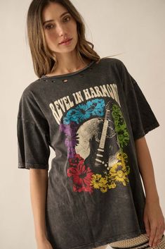 Revel in Harmony Distressed Guitar Graphic Tee - ShopPromesa Relaxed Fit Washed Top For Festivals, Festival Graphic Tee With Vintage Wash, Stonewashed Grunge Tops For Spring, Spring Festival Distressed T-shirt, Festival Acid Wash Soft-washed Tops, Acid Wash Relaxed Fit Top For Festival, Acid Wash Soft-washed Tops For Festival, Bohemian Distressed Crew Neck Top, Distressed Cotton Tops For Music Festival