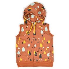 a child's hoodie with rain drops printed on the front and back, in orange