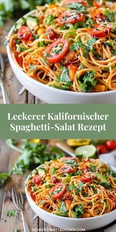 two white bowls filled with spaghetti salad and garnished with tomatoes, parsley and cilantro