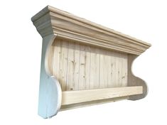 a wooden shelf with a white background