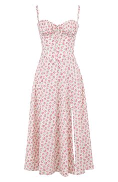 Freshen up your garden-party style in a bustier sundress fashioned with a drawstring-tie sweetheart neck, lace-up back and a thigh-baring slit. Exclusive retailer 48" length (size Medium) Sweetheart neck Lined, with padded cups and boning in bodice 65% cotton, 32% nylon, 3% polyester Dry clean Imported 1950s Clothes Women, Country Sundress, Long Pink Floral Dress, 1950s Sundress, Bustier Sundress, Dress For Brunch, Spring Sundress, Flower Clothes, Teen Dresses