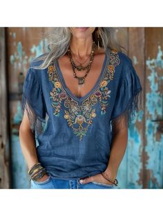 Elegant Tops, Retro Ethnic Print V-neck T-shirt Bohemian Boho Print Short Sleeve Top, Casual V-neck Top For Festivals, Blue Bohemian Short Sleeve Tops, Bohemian Printed Short Sleeve Tops, Bohemian Short Sleeve Top For Festival, Summer Boho Print Short Sleeve Tops, Casual Short Sleeve Tops With Boho Print, Printed V-neck Top For Festival, Hippie V-neck Top For Summer