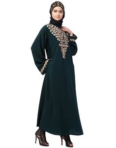 Round Neck Front and sleeve drop Embroidery Abaya Made with Matt Nida Fabric Easy and handy to wear and care, fit for all at every where. Fit for every day Hijab and band shown in the image can be bought separately Fabric: Matt NidaCare: Mild machine wash/ hand Cold Wash/ Dry cleanWe request customers to carefully choose the correct size and dress length referring to our size chart Eid Long Sleeve Abaya With Floral Embroidery, Eid Abaya With Floral Embroidery And Long Sleeves, Green Dress With Embroidered Sleeves For Eid, Festive Long Sleeve Thobe With Floral Embroidery, Long Sleeve Resham Embroidered Kaftan For Eid, Long Sleeve Dabka Work Kaftan For Eid, Festive Embroidered Long Sleeve Abaya, Festive Long Sleeve Embroidered Abaya, Traditional Long Sleeve Abaya With Resham Embroidery