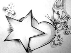 a pencil drawing of a star with bubbles and butterflies on the bottom, as well as water