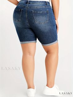 Lasaky - Premium Plus Size Womens Casual Denim Shorts - Button Fly, Ripped, Roll Up, with Slight Stretch Denim Jean Shorts With Buttons, Denim Jeans Shorts With Buttons, Short Denim Jeans With Button Closure, Denim Jeans With Buttons In Short Length, Medium Wash Short Length Jeans With Buttons, Short Length Denim Jeans With Buttons, Short Length Medium Wash Jeans With Buttons, Dark Wash Buttoned Short Length Jeans, Dark Wash Short Length Jeans With Buttons