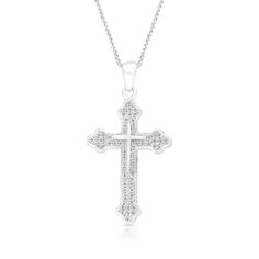 18K White Gold Gothic Style Budded Edge Diamond Adorned Cross Pendant
Celebrate your faith with this beautiful diamond cross pendant. Fashioned in 18K white gold, this Gothic-style design features a cross shape with pointed budded edges - all adorned with shimmering diamonds. Radiant with 0.40 ct. t.w. of diamonds and a bright polished shine, this pendant is the perfect gift for your loved one. 
0.40 carat 
18k white gold
We offer a Free virtual Consultation from the comfort of yo Luxury Sterling Silver Diamond Cross Pendant Necklace, Luxury Cross-shaped Diamond Cut Necklace, Luxury White Gold Cross Necklace With Diamond Accents, Luxury Diamond White Diamond Cross Necklace, Sterling Silver Cross Diamond Necklace, Diamond White Cross Necklace With Diamond Accents, Sterling Silver Cross Diamond Necklace With Diamond Cut, Diamond White Cross Necklace With Single Cut Diamonds, Diamond Cross Pendant Necklace With Single Cut Diamonds