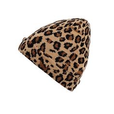 a leopard print beanie hat on a white background