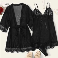 3 Piece Black Lingerie Set! Super Sexy With A Lace Trim Detail. Comes Brand New ~Please Feel Free To Ask Any Questions You May Have Before Purchasing ~Xoxo Black Fitted Sleep Sets, Elegant Black Sets For Night, Elegant Black Night Sets, Fitted Black Sets For Night, Elegant Black Lace Sets, Mesh Robe, Gothic Lingerie, Lingerie Party, Black Plain