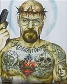 a drawing of a man with tattoos holding a cell phone and looking at the camera