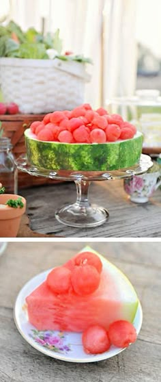 watermelon in a bowl on a table with other pictures and words below it