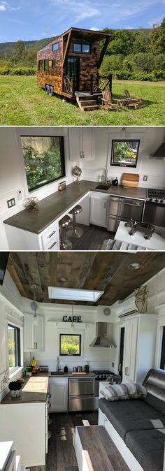 the inside and outside of a tiny house