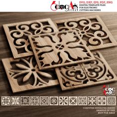 four wooden coasters with intricate designs on the top and bottom, all in different sizes