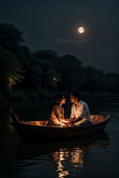 two people sitting in a boat on the water at night with full moon behind them