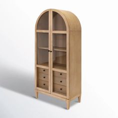 a wooden cabinet with drawers and shelves on the bottom shelf, in front of a white background