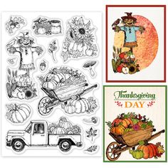 two thanksgiving cards with an old truck and pumpkins in the back, one has a wheelbarrow