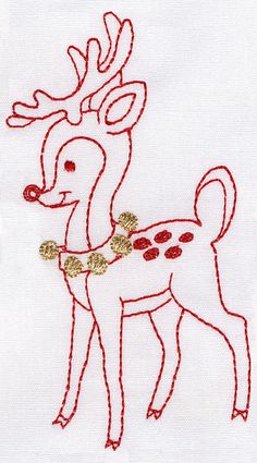 a white towel with a red and gold deer on it's side, embroidered onto the front