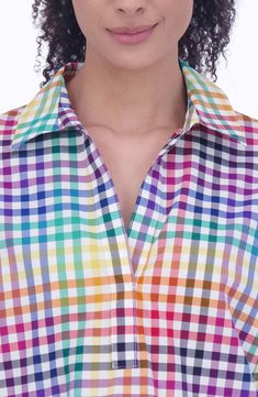 Rainbow gingham checks brighten a wrinkle-resistant cotton poplin shirt framed by a breezy spread collar and three-quarter sleeves. 26" length Slips on over head Spread collar Three-quarter sleeves with button cuffs 100% cotton Machine wash, tumble dry Imported Multicolor Collared Shirt For Daywear, Spring Plaid Shirt With Placket, Multicolor 3/4 Sleeve Shirt For Summer, Spring Gingham Shirt With Spread Collar, Rainbow Gingham, Shirt Stays, Popover Shirt, Back Day, Cotton Poplin Shirt