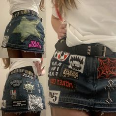 punk rock metal patch skirt homemade diy Patch Bag Punk, Diy Studded Clothes, Diy Punk Aesthetic, Diy Patch Clothes, Punk Rock Accessories, Diy Patch Shirt Ideas, Punk Rock Band Aesthetic, Patch Shorts Punk, Punk Skirt Diy