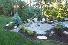 a fire pit surrounded by chairs and trees