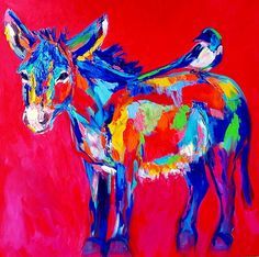 a painting of a colorful donkey on a red background