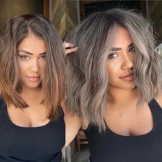 Ash Brown Lob with Gray Front Pieces Short Brown Hair With Grey Highlights, Hair Color To Blend Grey Hair Dark Brown, Front Gray Hair Highlights, Mushroom Gray Balayage, Ash Brown Hair For Grey Hair, Ash Brown With Grey Blending, Ash Brown Gray Balayage, Ash Brown Bob With Highlights