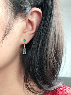 These cute little earrings are to die for. The beautiful combination of imperial  Tsavorite & Aquamarine is stunning.  Hand forged in 18k gold with the finest gemstones. These little beauties are made to be worn every day.  YG 18K Tsavorite: 0.28ct Aquamarine: 2.06cts For more information, please don't hesitate to Emerald Cut Green Sterling Silver Earrings, Fine Jewelry Earrings With May Birthstone Gemstone Accents, Yellow Gold Tsavorite Gemstone Earrings, Green Gold Plated Earrings Fine Jewelry, Gold Tsavorite Gemstone Earrings, Green Single Earring In 14k Gold, Tsavorite Gemstone Earrings For May Birthstone, 14k Gold Green Earrings, Dainty Gold Plated Earrings For May Birthstone