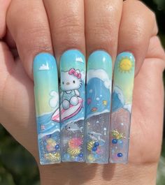 Nails With Characters, Surf Nails, Weird Nail Ideas, Hello Kitty Acrylics, Nails With Pictures, Ariel Nails, Cartoon Nails, Cute Nail Art Designs