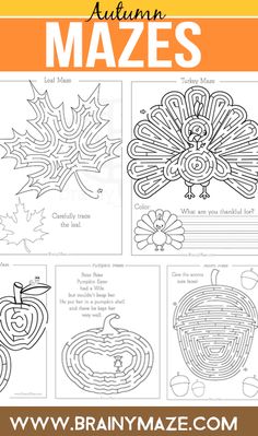 the autumn mazes activity book with pictures of pumpkins, leaves and acorn