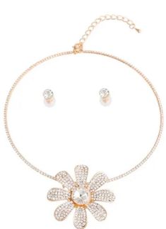 Gold metal and clear pave rhinestone choker necklace set featuring crystal flower slide pendant detail. Flower measures 2 inches Rhinestone Choker Necklace, Flower Choker, Choker Necklace Set, Choker Set, Rhinestone Choker, Crystal Flower, Necklace Set, Gold Metal, Choker