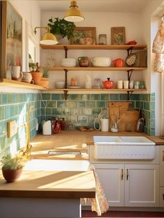 a kitchen filled with lots of counter space and open shelving above the stove top