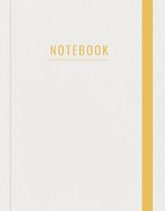 a white notebook with yellow lines on the front and back cover is open to reveal an empty page