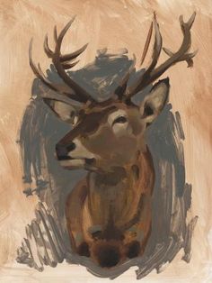 a painting of a deer with antlers on it's head, sitting in front of a beige background