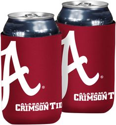 two red can coolers with white letters and the letter a on each one side