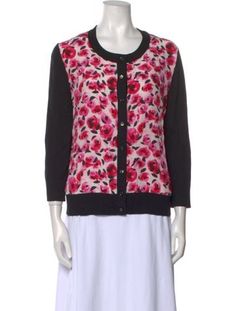 Kate Spade New York Silk CardiganBlackFloral PrintThree-Quarter Sleeve with Scoop NeckButton Closure at FrontFit:Knitwear by Kate Spade New York typically fit true to size. Luxury Long Sleeve Kate Spade Outerwear, Floral Print Sweater, Print Sweater, Accessories Jacket, Printed Sweater, Shirt Accessories, Shoulder Sweater, Quarter Sleeve, Hoodie Dress