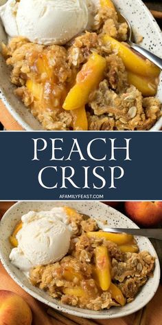 peach crisp with ice cream in a bowl