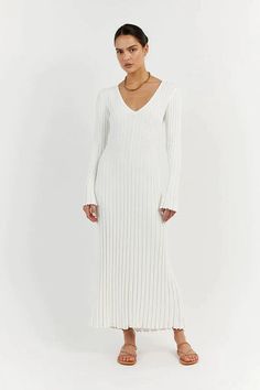 Ribbed knit fabrication Long sleeve midi dress Scoop v neckline Thick rib Adjustable tie at back of waist Main: 65% Viscose. 35% Nylon Unlined Non-sheer. Stretch Long Sleeve White Midi Dress, Lettuce Hem, Flounce Sleeve, Sleeve Midi Dress, Knit Midi, Long Sleeve Midi, Knit Midi Dress, Long Sleeve Midi Dress, Flared Sleeves