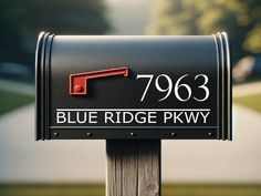 a black mailbox with the name blue ridge pkwy on it's side