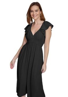 Charming flutter sleeves romanticize this flattering dress from Calvin Klein. | Calvin Klein Women's Short Sleeve V-Neck Solid Fit and Flare Dress, Black, 6 Black Feminine V-neck Midi Dress, Black V-neck Maxi Dress In Feminine Style, Casual Flutter Sleeve Dress For Evening, Black V-neck Feminine Maxi Dress, Black V-neck Maxi Dress, Feminine Style, Black Feminine V-neck Maxi Dress, Black Dresses With Ruffles And Butterfly Sleeves, Black Dress With Ruffles And Butterfly Sleeves, Calvin Klein Black Midi Dress For Summer