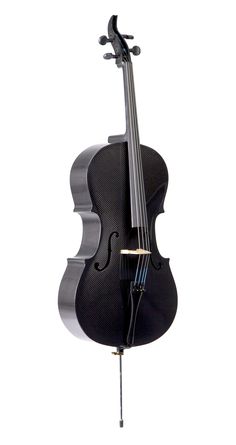 a black violin is hanging from the back of it's stand, with its bow extended