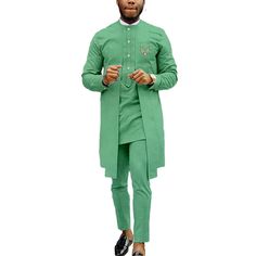 Fitted Green Pants For Eid, Traditional Green Pant Set For Spring, Fitted Sets With Stand Collar For Eid, Traditional Green Pant Set For Summer, Green Fitted Traditional Pant Set, Traditional Long Sleeve Sets For Summer, Traditional Long Sleeve Summer Sets, Spring Long Sleeve Sets For Traditional Ceremonies, Fitted Cotton Sets With Stand Collar