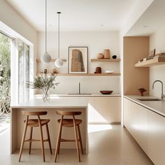 two stools are in front of the kitchen counter