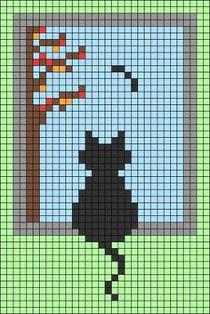 a cross stitch pattern with a black cat looking out the window at an autumn tree