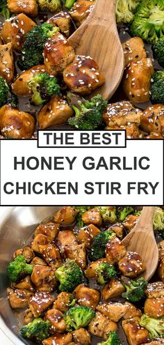 honey garlic chicken stir fry in a pan with broccoli