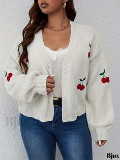 Bjux - Womens Plus Size Cherry Embroidery Lantern Sleeve Open Front Cardigan - Delightfully Cute and Stylish, Crafted with Slight Stretch Knit Cute White V-neck Outerwear, Casual Cream Cardigan With Floral Embroidery, Cute White Crew Neck Cardigan, Casual Winter Cardigan With Floral Embroidery, Cute Long Sleeve Embroidered Cardigan, White Embroidered V-neck Cardigan, Embroidered V-neck Knit Cardigan, Embroidered Knit V-neck Cardigan, Embroidered White Cardigan For Winter