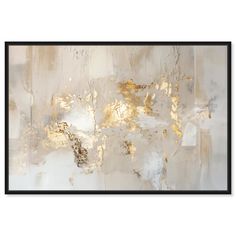 an abstract painting with gold and white paint